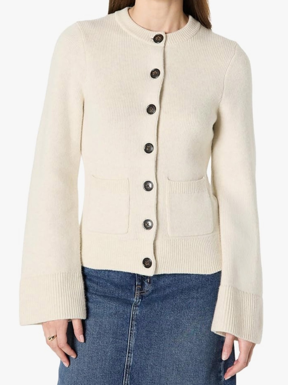 Amazon Essentials Cream Button-Front Knit Cardigan with Patch Pockets